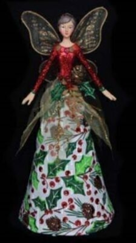 Winter Woodland Christmas Tree Topper Fairy by Gisela Graham. Small fairy tree topper by Gisela Graham. Would fit in perfectly on a woodland themed tree. Gold Wings, Red Top with Holly patterned skirt. Size 18x7x7cm
